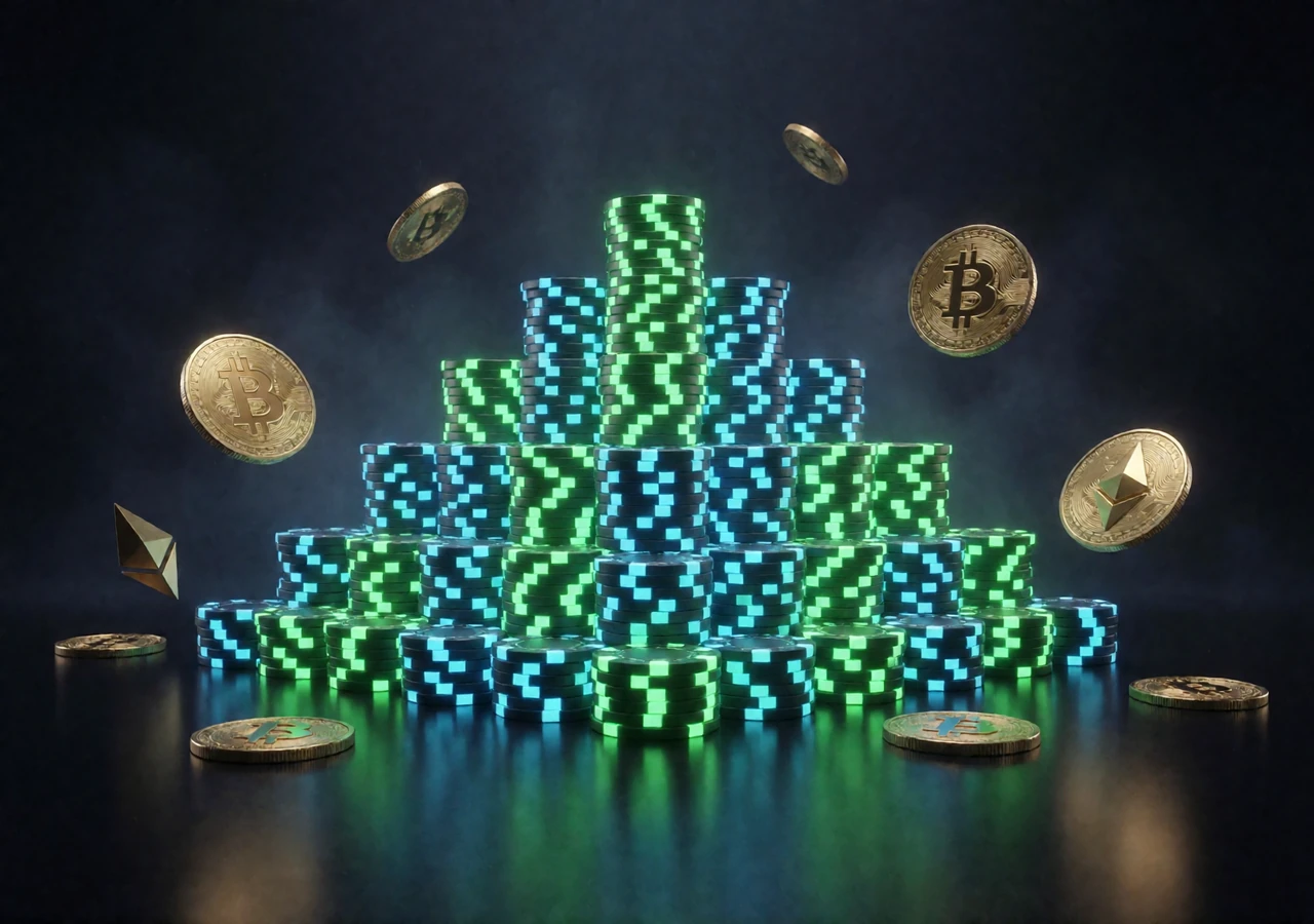 Leuchtende Pyramide aus Casino-Chips in Neongr&uuml;n und Blau mit schwebenden Kryptom&uuml;nzen bei Jack Casino