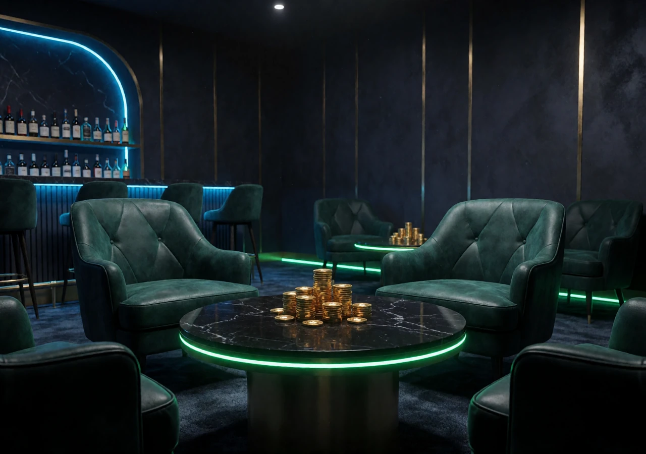 Luxuri&ouml;se VIP-Lounge mit Ledersesseln, goldenen Krypto-M&uuml;nzen und gr&uuml;nem Neonlicht im Rakeback Casino Jack