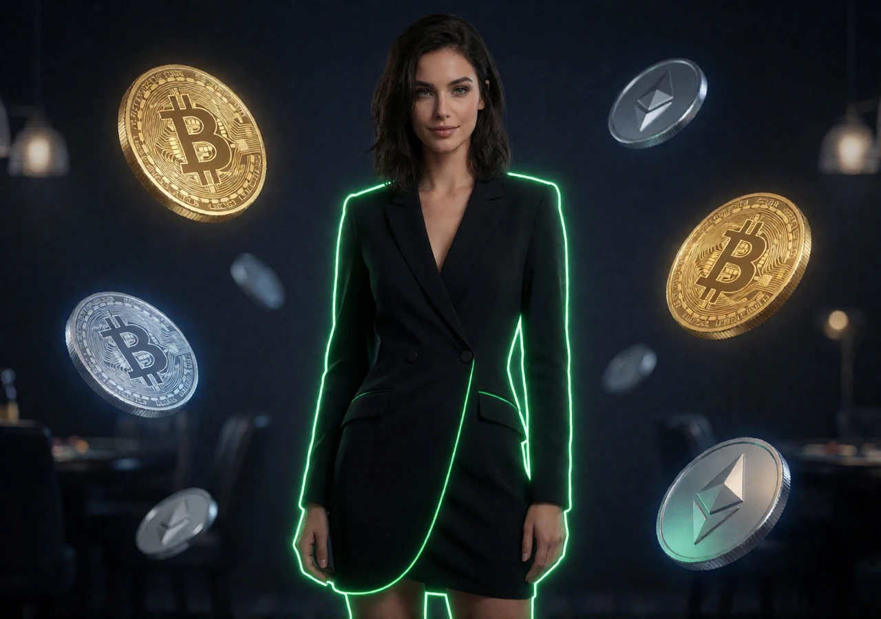 Stilvolle Frau in moderner Casino-Garderobe mit schwebenden Bitcoin- und Ethereum-M&uuml;nzen im Crypto Casino Jack