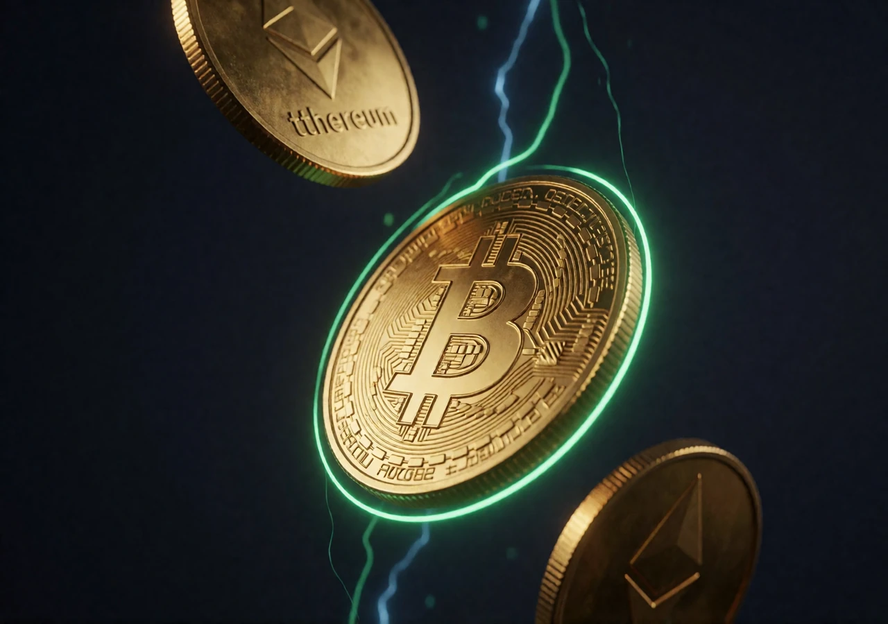 Fallende goldene Bitcoin- und Ethereum-M&uuml;nzen mit Neonlicht als Symbol f&uuml;r schnelle Krypto Auszahlung