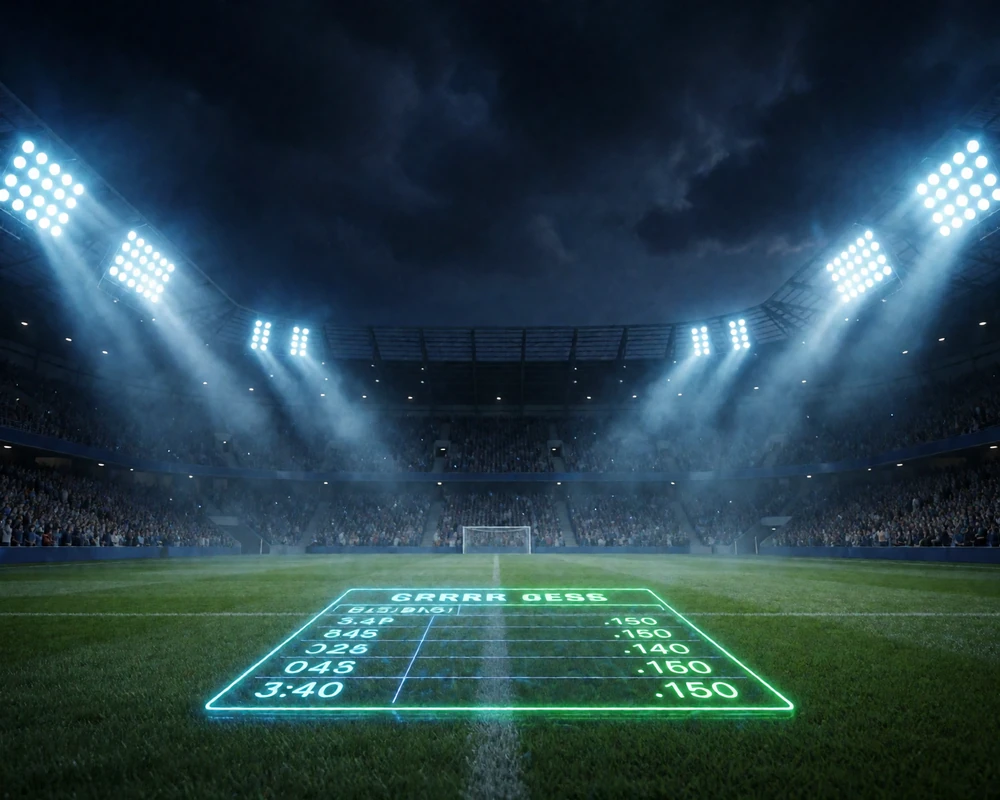 Fussballstadion bei Nacht mit schwebendem holografischem Wettschein f&uuml;r die risikofreie Erstwette