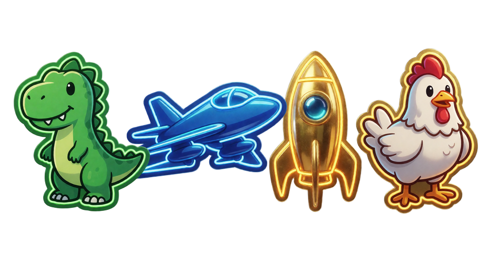 Die vier Jack Originals Dino, Aero, SpeedX und Chicken als Neon-Avatare im provably fairen Crypto Casino
