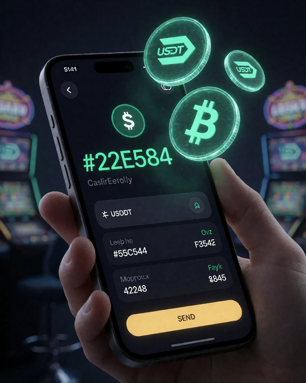 Smartphone mit Krypto-Wallet-App und schwebenden USDT- und Bitcoin-Symbolen f&uuml;r die Crypto Casino Einzahlung