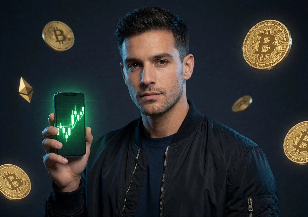 Selbstbewusster Spieler mit Smartphone, dessen Bildschirm neongr&uuml;ne Krypto-Charts zeigt - Willkommensbonus im Crypto Casino