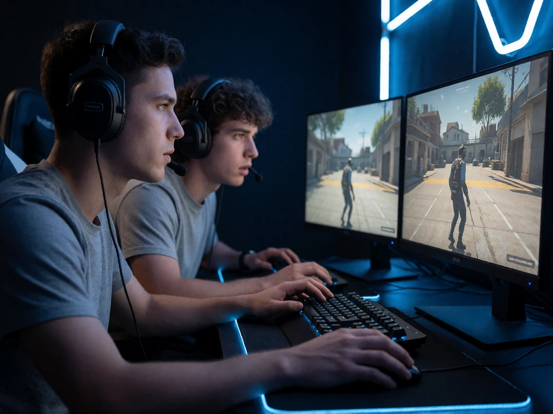 Zwei junge Maenner verfolgen ein CS2 Esports-Match an mehreren Monitoren in blauem Neonlicht