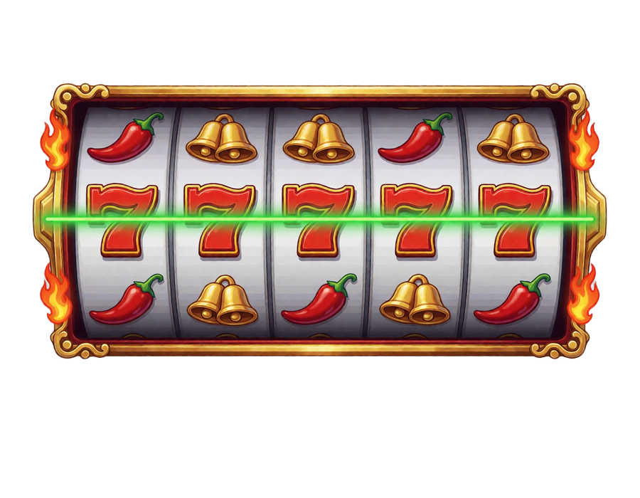 Hot Chilli Bells Slot-Oberfl&auml;che mit roten Chilis, goldenen Glocken und neongr&uuml;ner Gewinnlinie